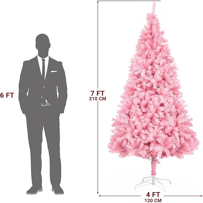 Bonnlo 7ft Unlit Pink Christmas Tree, Artificial Christmas Tree w/1400 Branch Tips, Sturdy Metal Stand, Indoor & Outdoor Xmas Tree for Holiday Decor