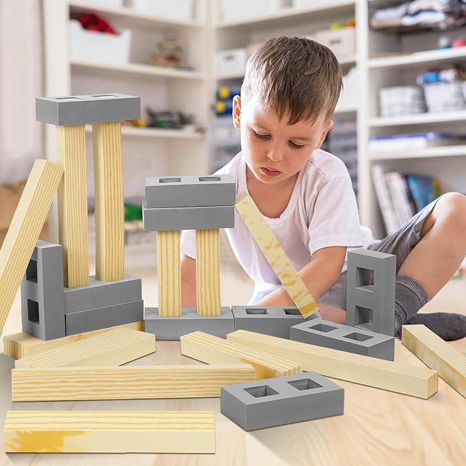 Leyndo 24 Pcs Foam Wooden Beam Soft Foam Brick Building Blocks Unit Fake Brick Building Blocks Giant Stacking Sets for Kids Toddler Construction(Assorted Sizes,Gray Color)