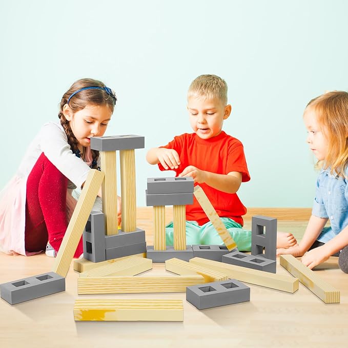 Leyndo 24 Pcs Foam Wooden Beam Soft Foam Brick Building Blocks Unit Fake Brick Building Blocks Giant Stacking Sets for Kids Toddler Construction(Assorted Sizes,Gray Color)