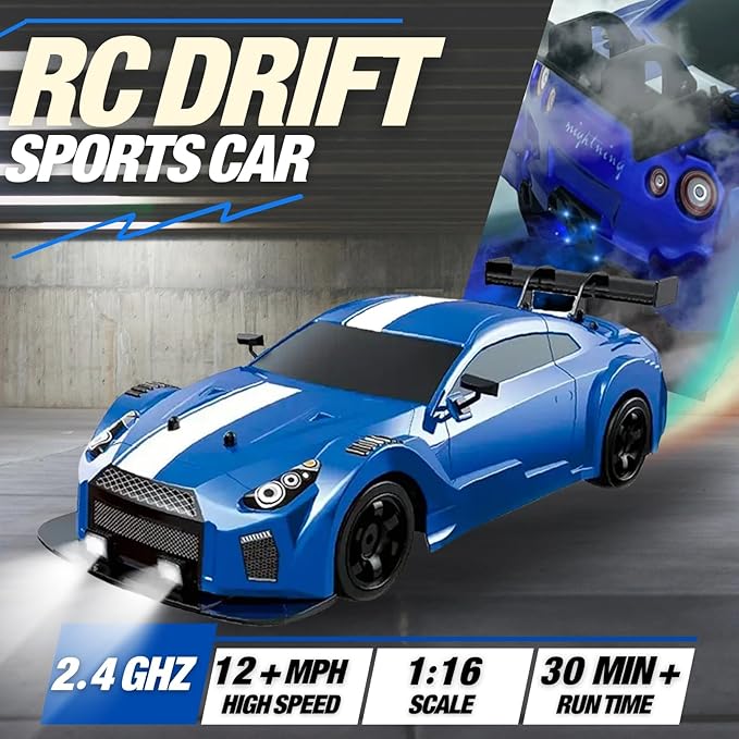 Liberty Imports RC Drift Car 1/16 2.4GHz 4WD Remote Control Sport Racing On-Road Vehicle with LED Light, Batteries and Drift Tires (Blue)