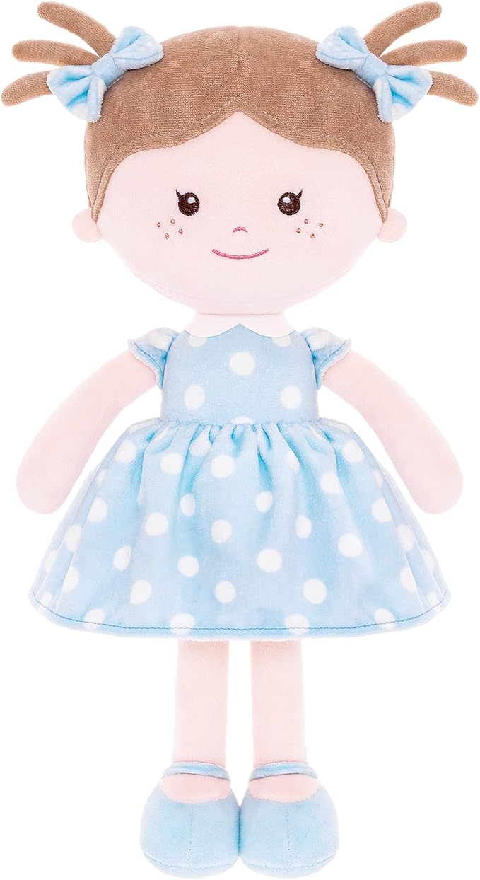 Onetoo Soft Baby Doll First Baby Doll Sleeping Cuddle Buddy Doll Plush Rag Doll Wear Blue Polka Dot Dress14