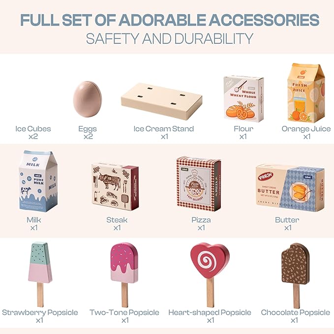 ROBOTIME Toy Kitchen Wooden Fridge, Play Refrigerator for Kids & Toddlers, Wooden Fridge Freezer Set with Ice Maker and Foods, Pretend Play Kitchen Playset for Ages 3+