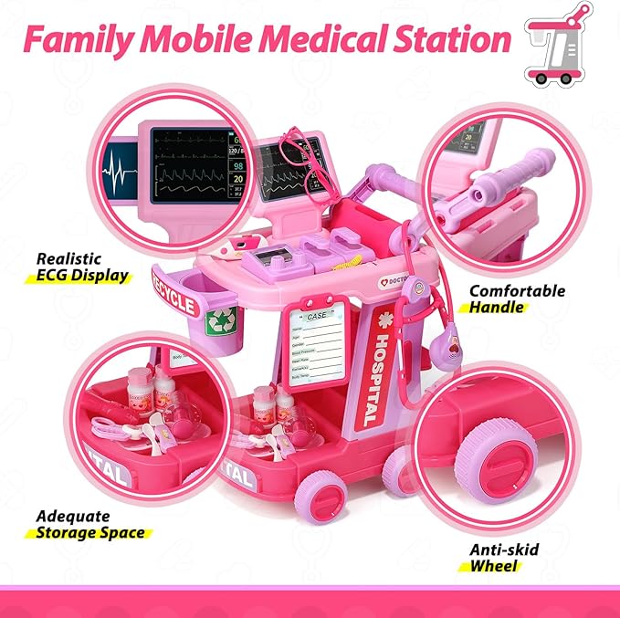 Liberry Doctor Kit for Toddlers Aged 2 3 4 5, Pretend Doctor Play Set for Kids with Cart, Costume and Stethoscope, Role Play Medical Toys for Girls Boys(Pink)