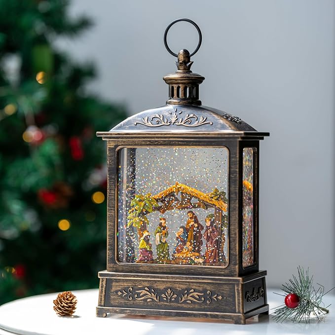 12.5'' Christmas Snow Globe Lighted Manger Nativity Scene, Musical Water Lantern Play Silent Night Music in Swirling Glitter, for Home, Battery Operated or USB Powered