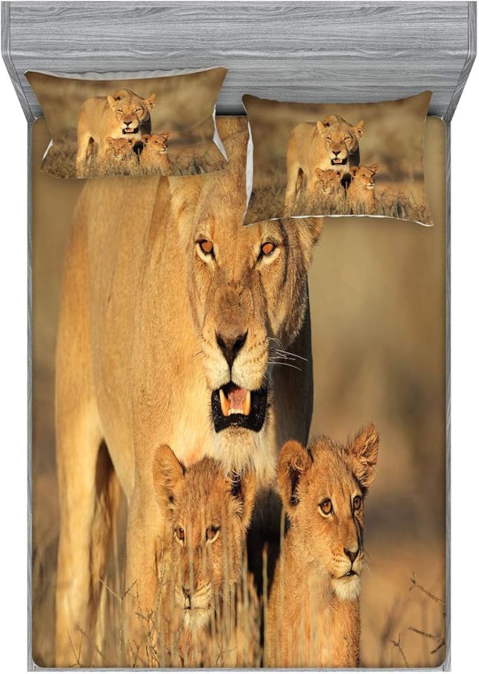 Ambesonne Safari Fitted Sheet & Pillow Sham Set, Mom Lioness and Young Lion Kings in South Nature Big Cats at Wilderness Safari, Decorative Printed 3 Piece Bedding Decor Set, King, Ivory Cream