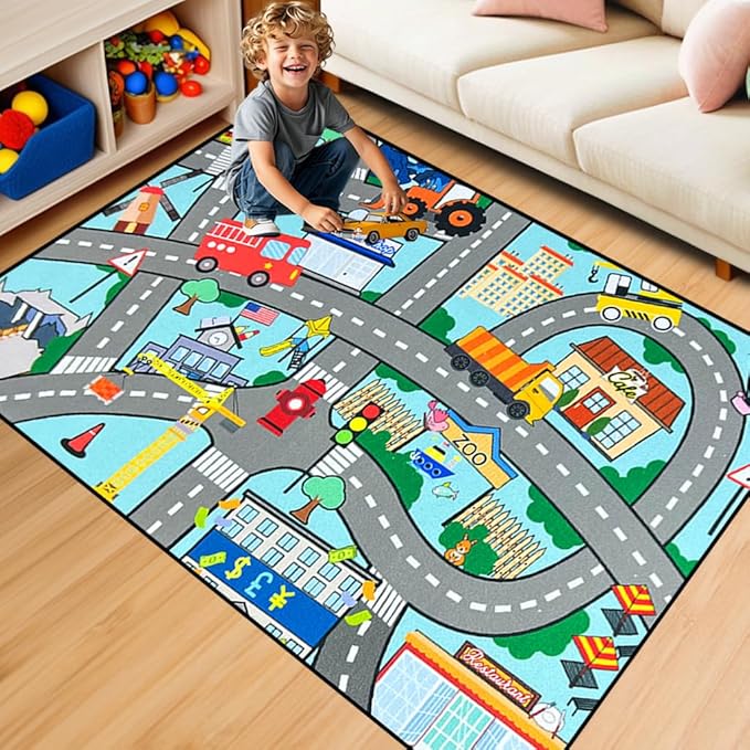 Car Track Rug - Car Rugs for Kids Toy Cars City Life Car Road Rug Large Kids Play Mat Car Carpet for Boys Girls Playroom Living Room Bedroom Classroom, 5'×7'