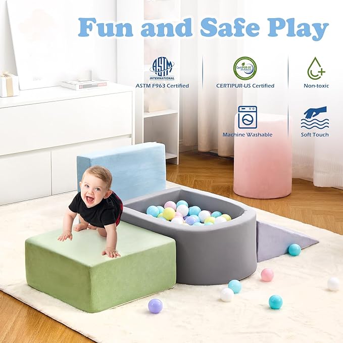 Climbing Toys for Toddlers 1-3, Foam Climbing Blocks with Ball Pit for Baby, 5-Piece Soft Toddlers Climbing Toy Indoor,Climbing Crawling Toys Soft Foam Blocks Activity Play Set(Balls not Included)
