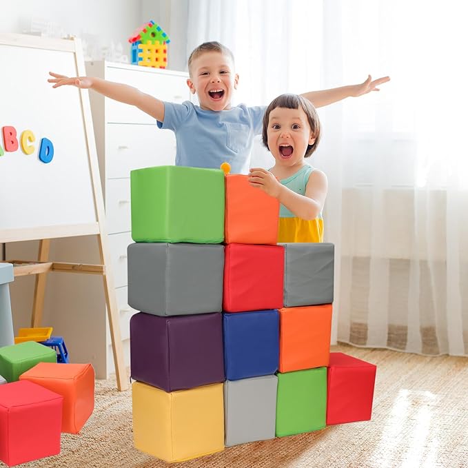16 PCS Foam Blocks PU Leather Soft Building Play Soft Cubes for Kids Colourful Foam Stacking Blocks for Indoor or Outdoor Play-Set Preschool Learning
