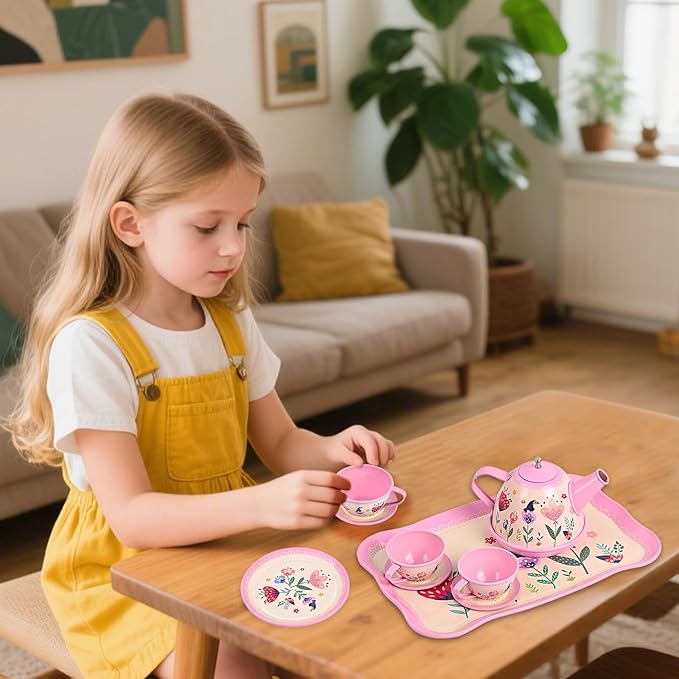 Floral Tea Party Set for Little Girls Ages 3-6, 15-Piece Pretend Play Kitchen Toys with Teapot, Cups, Plates & Storage Case, Princess Gift Set (Pink)