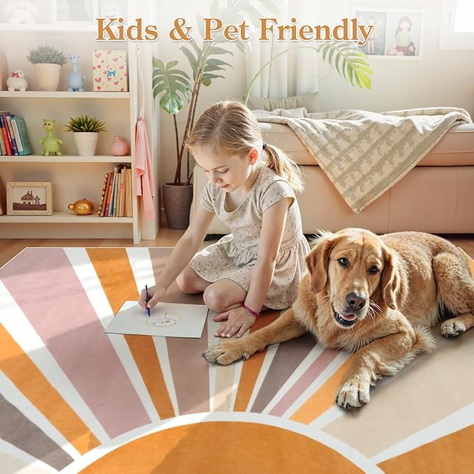 STARUIA Sun Machine Washable Area Rugs 5x7 for Living Room, Soft Non-Slip Boho Rainbow Kids Nursery Orange Throw Rug Carpet for Bedroom, Colorful Kitchen Rug for Classroom Office Dining Room
