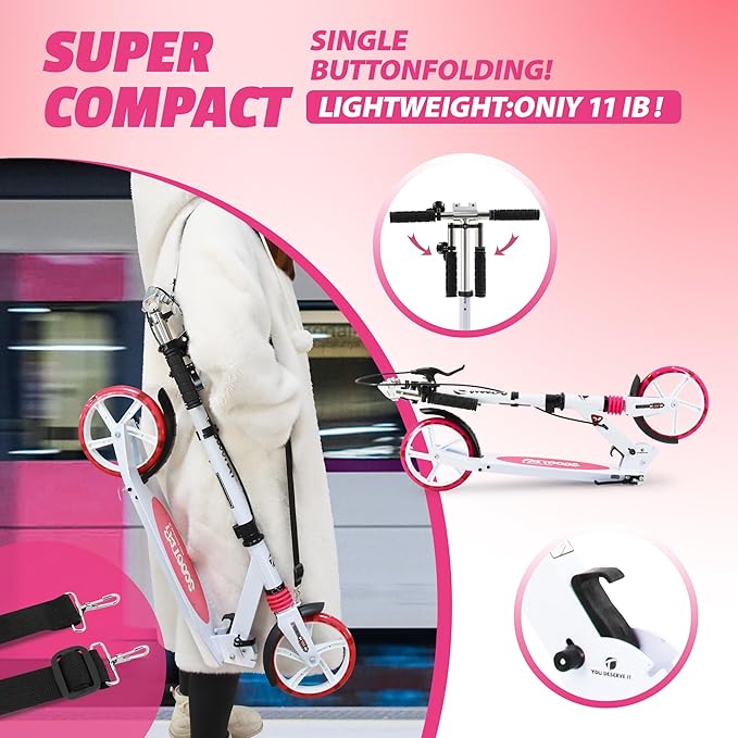 Scooter for Kids Ages 8+ Teens & Adults, Lightweight Kick Scooter with Carry Strap Adjustable Height Equipped with Front handbrake and Rear Brake, Big Sturdy PU Flash Wheels Great Gift & Toy