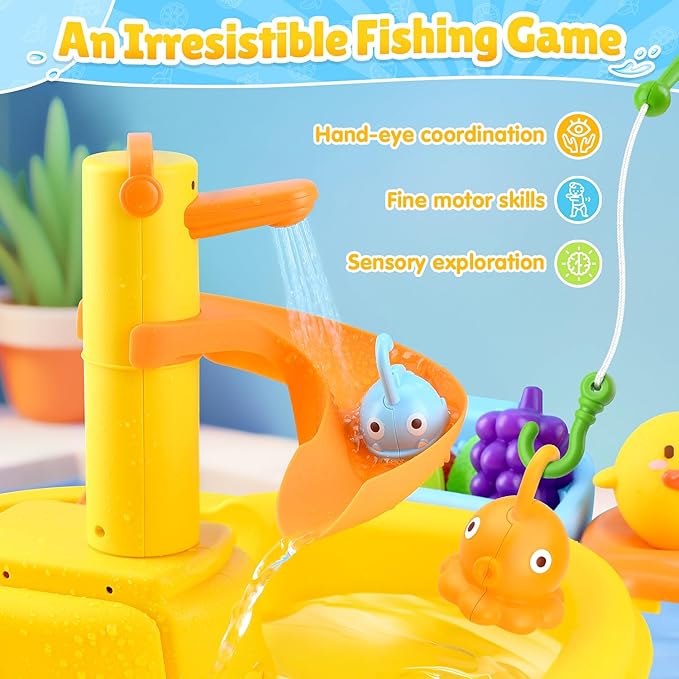 Play Sink with Running Water - Kitchen Kids Sink Toys with Fishing Game Toys for Floating Pool Water Play, Upgraded Electric Faucet & Water Slide Pretend Play Toys Kids Role Play Dishwasher Toy