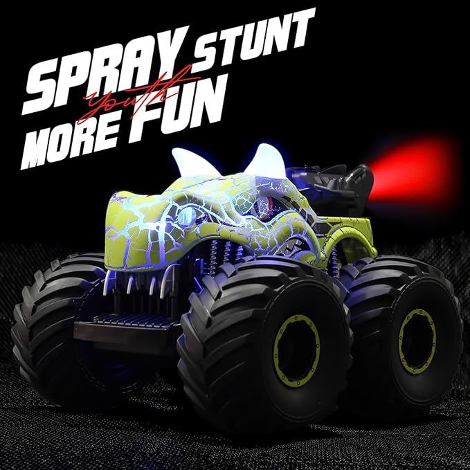 Threeking 1:18 Dinosaur RC Car Remote Control Cars Trucks Toy 4WD Off-Road Car Toys with Lights Spray Suitable for All Terrain Gifts Presents for Boys/Girls Ages 6+ Green
