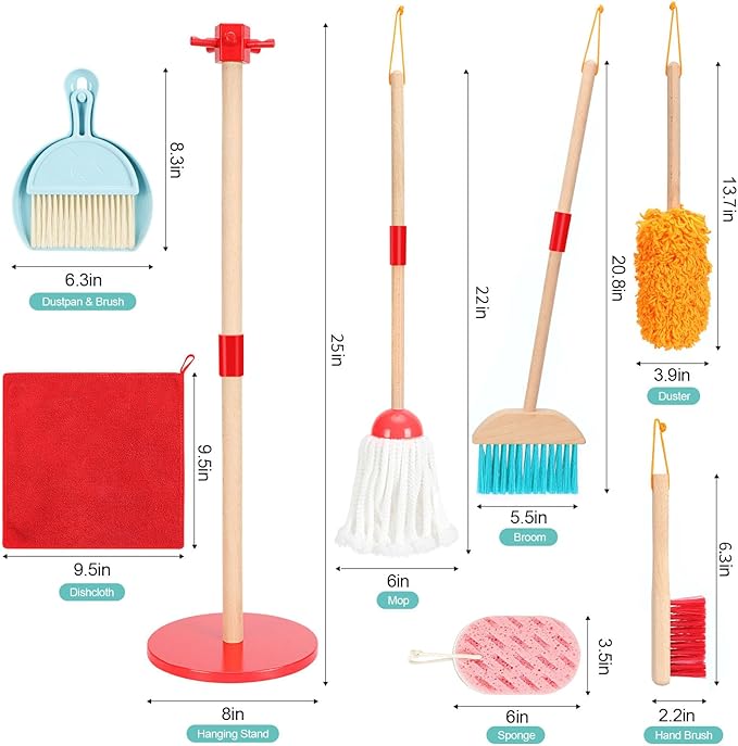 WHOHOLL Kid Cleaning Set, Wooden Toddler Broom Set for Housekeeping, 9 Pcs Kids Broom and Mop Set for Toddlers, Baby Cleaning Toys with Dustpan Sponge, Play Set for Boys and Girls