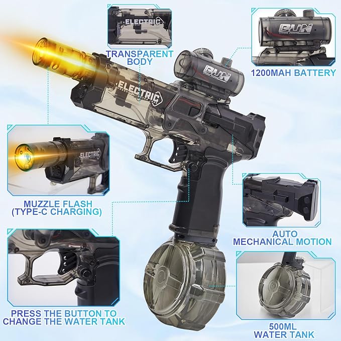 Electric Water Gun for Adults Kids: Most Powerful Squirt Gun, Automatic high Powered Pressure Blaster watergun with Realistic Led Muzzle Flame,28-32 FT Range,Perfect Summer Gift Toys for Age 8-12