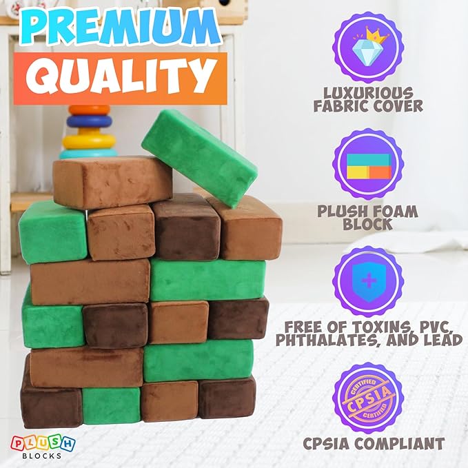 The Original Premium Plush Building Block for Kids - Certified Safe Foam Blocks in Luxuriously Soft Fabric Covers - Set of 24 (Earth)