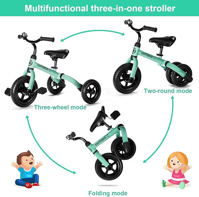Ancaixin 3 in 1 Toddler Tricycles for 2-5 Years Old Boys and Girls with Detachable Pedal and Bell, Foldable Baby Balance Bike Riding Toys for 2+ Kids, Child Birthday Christmas New Year Gift Green
