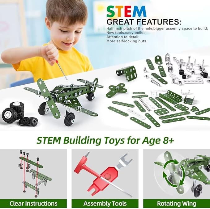 Metal Building Military Series Assembly Toys,Small Erector Set for Kids Ages 4-8, Military Toys for Boys Age 8-12,STEM Toy Gifts for Model Military Kit(166pcs No Motor)