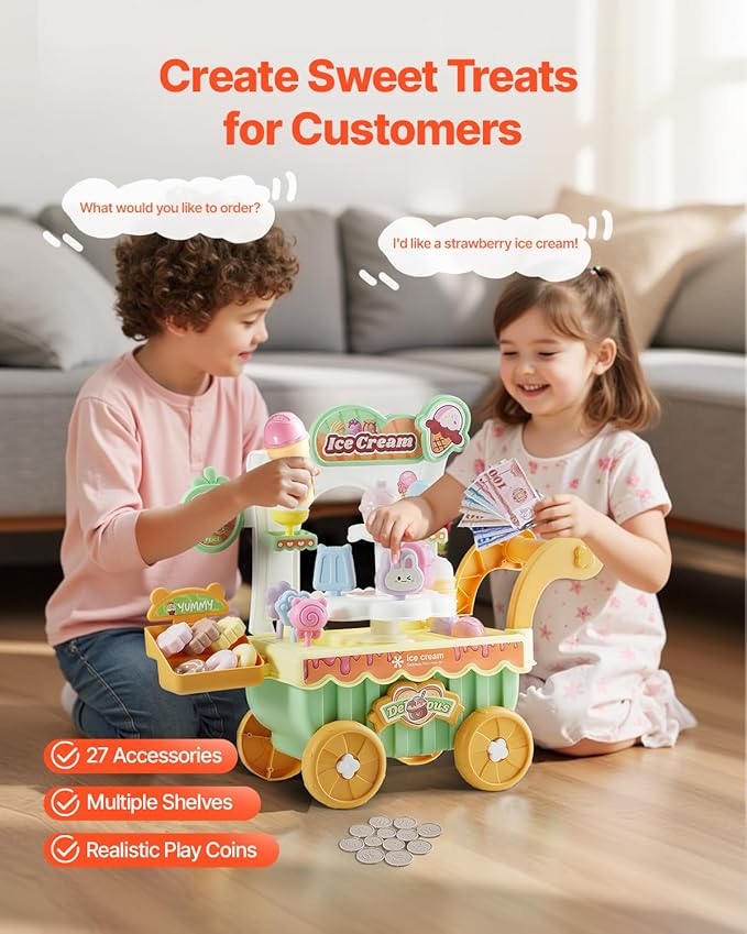 VEVOR Ice Cream Cart for Kids, 27 PCS Accessories, Pretend Play Store with Storage Trolley with Pretend Money, Sound & Light Effects, Montessori Educational Ice Cream Truck Toys for Toddlers 3+