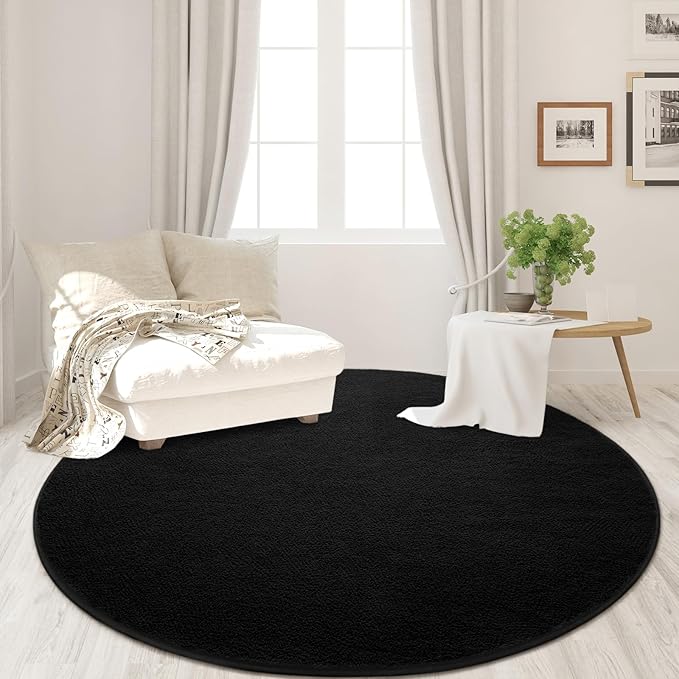 FlyDOIT Round Area Rugs for Bedroom Living Room, 4x4 Black Super Soft Comfy Thickened Memory-Foam Indoor Circle Carpet, Modern Aesthetic Minimalist Carpet for Boys Girls Adults Nursery Home Décor