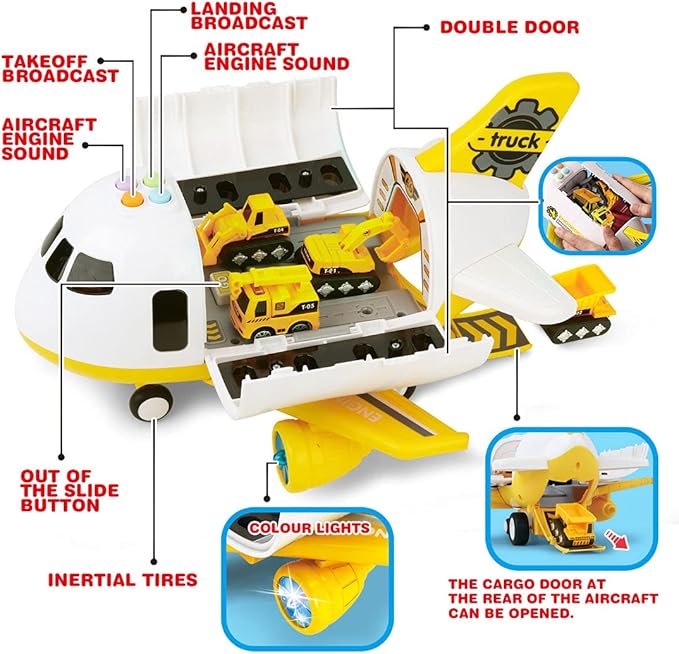 Dwi Dowellin Construction Airplane Toys,Car Toys Set with Light and Sound,Great Birthday Gifts for 3 4 5 6 Years Old Boys (Medium)