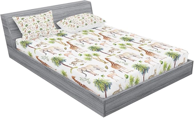 Ambesonne Watercolor Elephant Fitted Sheet & Pillow Sham Set, Wild Animals Giraffe Cheetah Antelope Savannah Palm Trees Tropic, Decorative Printed 3 Piece Bedding Decor Set, Queen, Green Pale Brown