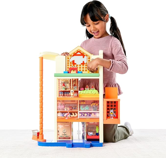 Bluey Hammerbarn Shopping Center Mega Set, 4 Level, 22" Tall Playset with Working Lift and Trolley Return, Lights and 45+ Sounds. 3 Figures. 15 Accessories & Tradie Ute Vehicle | Amazon Exclusive