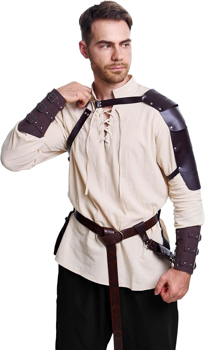 8 Pcs Men's Renaissance Costume Halloween Medieval Pirate Shirt Pant Viking Costume Accessories Set