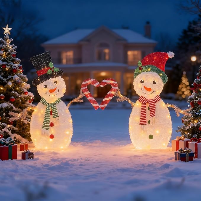 2D Lighted Snowman Christmas Decorations,42 Inch Lighted Up Christmas Outdoor Decoration with 80 Warm White LEDs, 3-Piece Set Xmas Festive Holiday Decor for Indoor Home Garden Patio Yard -Snowman