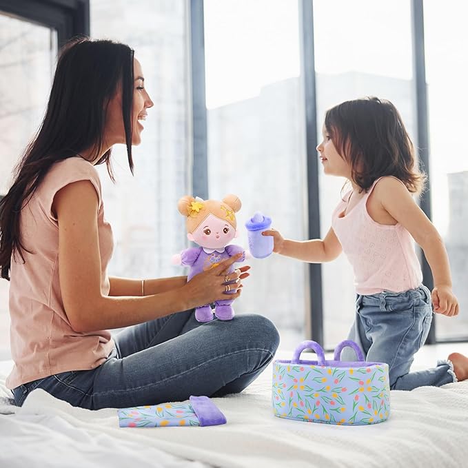 OUOZZZ 10" Soft Baby Doll Set with Plush Doll, Bassinet, Blanket and Bottle, Pretend Playset for Emotional Social Education Doll for 2 Year Olds Girls Christmas Birthday Gift Purple