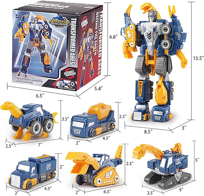Toddler Construction Car Transform Set, 5pcs Dinosaur Rescue Robot with Magnetic Connectors, Assemble Building Trucks DIY STEM Toy, Holiday Birthday Present for Kids Boy Girl 3 4 5 6 7 Year