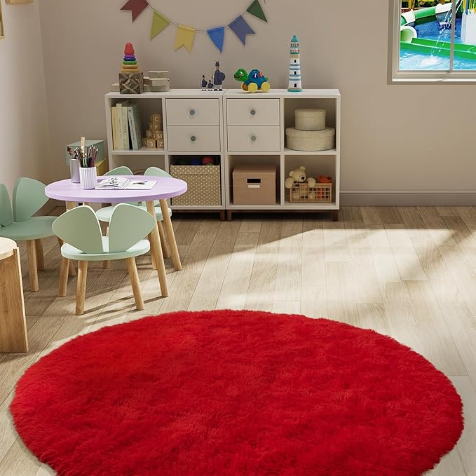 LOCHAS Luxury Round Fluffy Area Rugs for Bedroom Kids Girls Room Nursery, Super Soft Circle Rug, Cute Shaggy Carpet for Children Living Room, 5x5 Feet Red