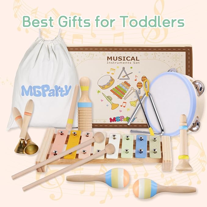 Montessori Wooden Musical Instruments for Toddlers 1-3, Baby Music Toy Set with Xylophone, Tambourine, Triangle, Clarinet, Maracas, Natural Sensory Educational Toys for Boys and Girls