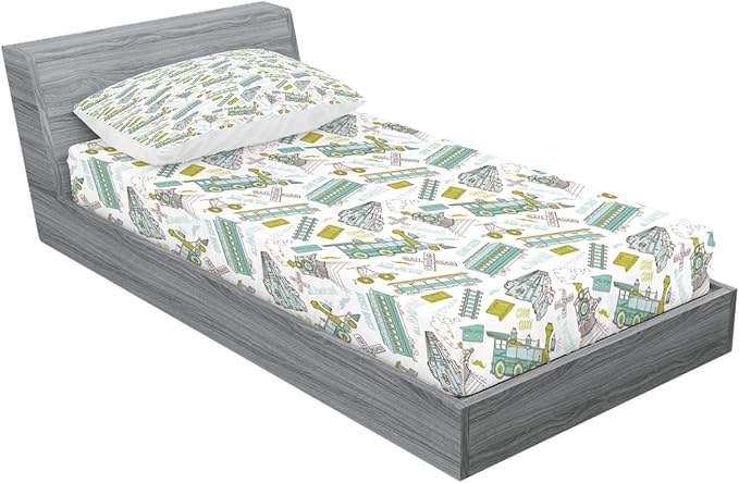 Ambesonne Pastel 2 Pack Fitted Sheet & Pillow Sham Set, Train Pattern Travel Theme, 4 Pcs Bedding Decor, Package Contains 2 Twin Size Fitted Sheets & 2 Pillow Covers, Apple Green Turquoise