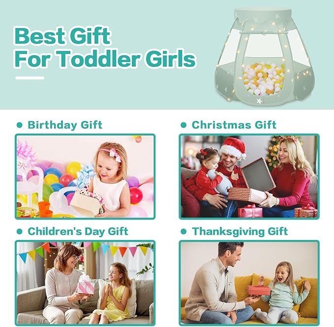 Baby Ball Pit for Toddler: with Star Lights - Pop Up Princess Play Tent for Kids - Indoor Outdoor Baby Girl Toys Birthday Gifts - NO Balls (Grayish Green Tent)
