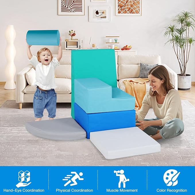 6-Piece Soft PU Leather Toddlers Climbing Toys for Baby - Kids Foam Climbing Blocks for Toddlers Indoor - Climb & Crawl Soft Foam Block Activity Play Set - Toys for Kids Crawling Sliding (Mixed Color)