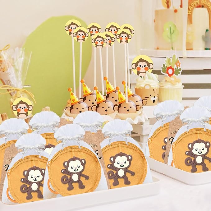 15 Pack Monkey Mini Coin Purse with Keyring for Monkey Themed,Mammal Animals,Jungle Animal,Forest,Baby Shower Wild ONE Party Supplies,Khaki