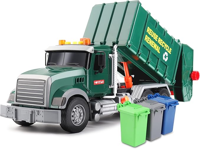 Dwi Dowellin Toddler Toys for 3 + Years Old Boys, 15" Large Garbage Truck Toy,Friction Powered Waste Management Garbage Truck with Lights and Sounds,3 Rear Loader Trash Cans,Kids Gift