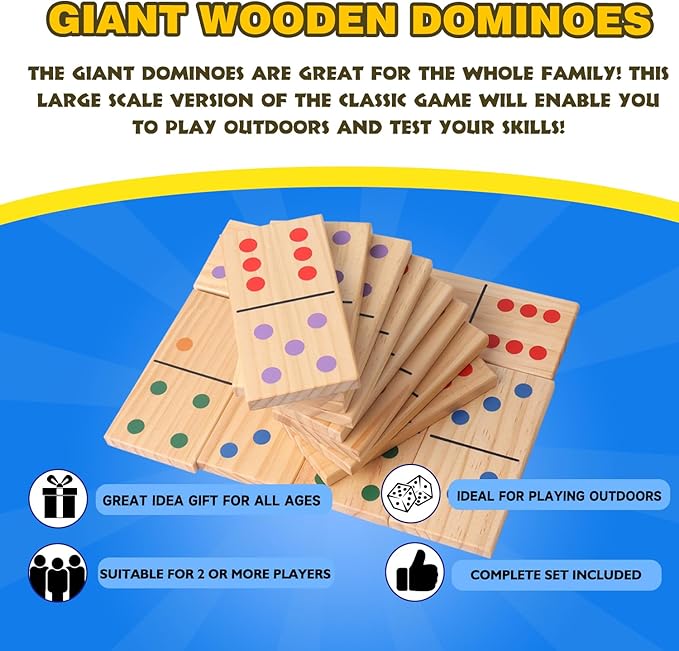 GSE Games & Sports Expert Jumbo Wooden Dominoes with Multi-Color Dots, 28 Piece 10" x 5" Dominoes Game Set with Storage Bag for Home, Yard