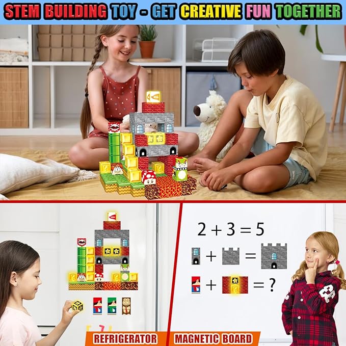 200PCS Magnetic Blocks Building Toys, 1" Light Up Building Blocks Magnet Cubes Tiles for Toddlers Boys Girls 3+, Build Game Adventure Scenes STEM Sensory Construction Toys