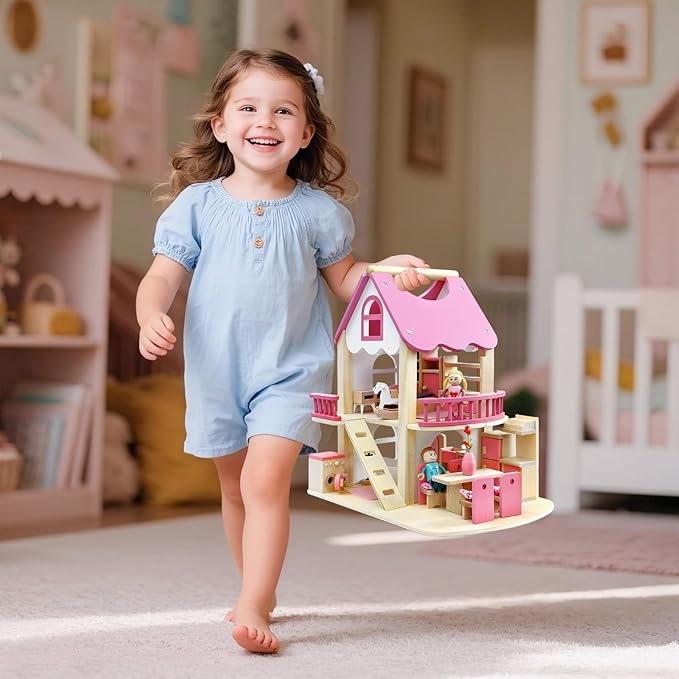 Atoylink Wooden Dollhouse with 42Pcs Miniature Doll House Accessories and Furniture Set, 4 Rooms & Balcony & Swimming Pool & Portable Handle Pretend Play Toys for Kids Girls Birthday Gifts