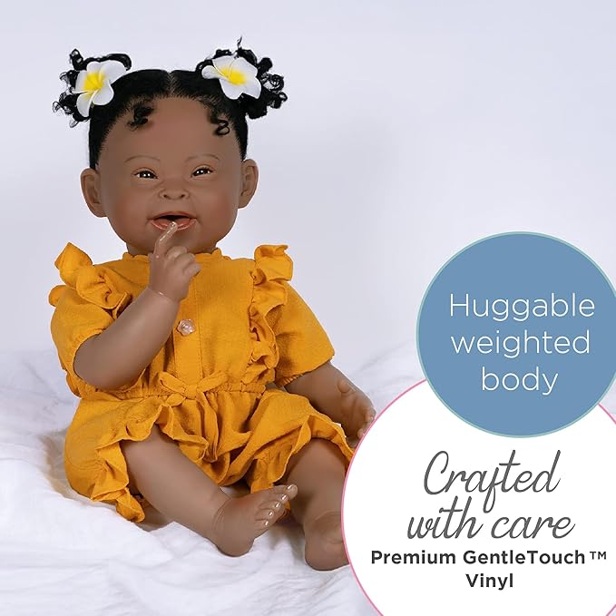 Paradise Galleries 21 Inch Realistic Reborn Baby Girl Doll with Down Syndrome Cute Mustard Yellow Dress Outfit and Accessories – Emma