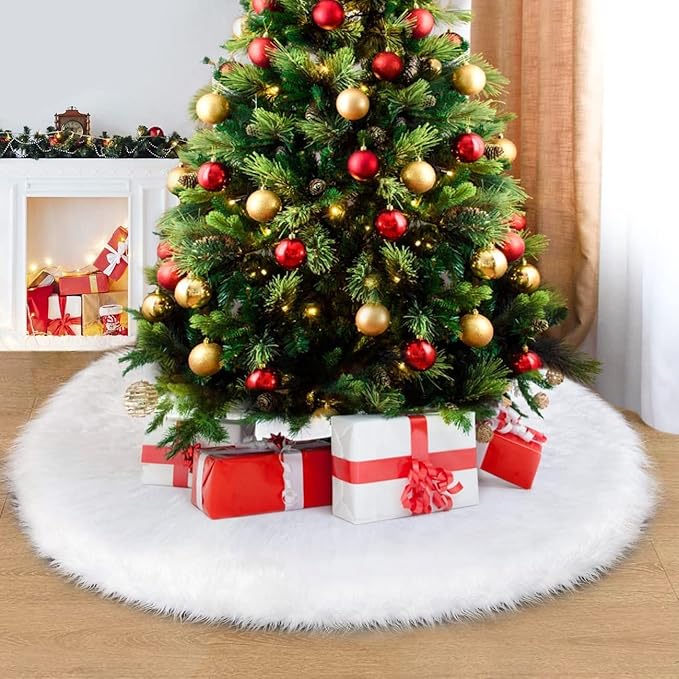 80 Inch Christmas Tree Skirt, Extra Large Snowy White Faux Fur Tree Skirt, Luxury Soft Plush Skirt for Merry Christmas Party Tree Decoration