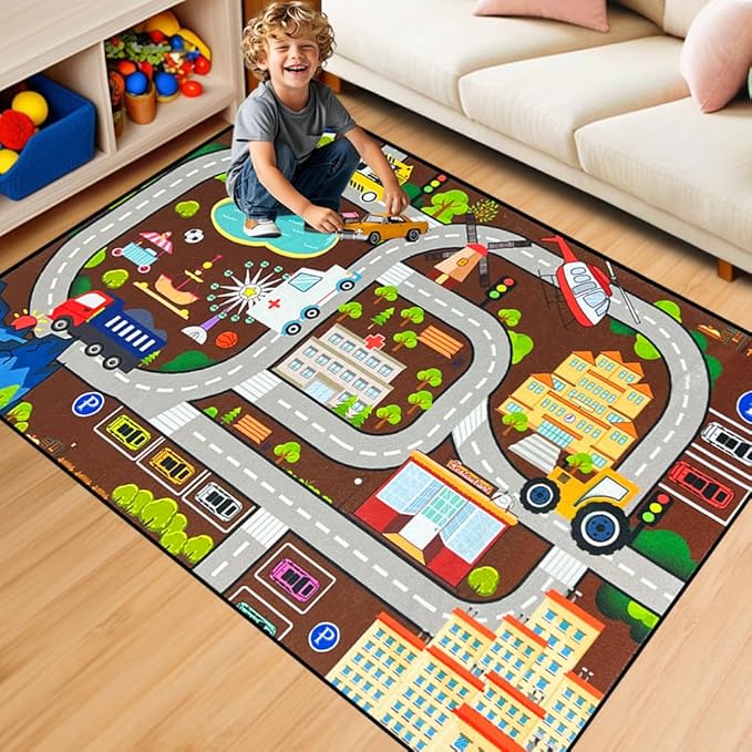 Car Rugs for Kids Toy Cars - City Life Road Rug for Playroom Car Track Rug Car Carpet for Kids Boys Living Room Bedroom Classroom, 3'×5'