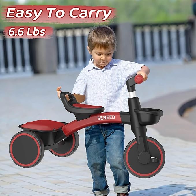 SEREED Toddler Tricycle for 2-5 Years Old Boys Girls, Adjustable Seat&Handlebar Trike, Removable Basket, Birthday Gift Idea for Kids Ages 2+ (Red Black)