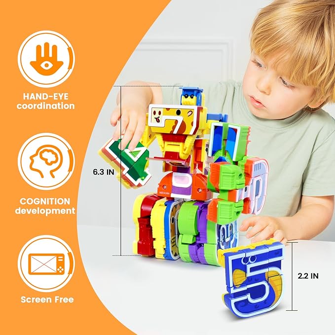 Animal Number Robots Transformers Toys 10-in-1 โ STEM Learning Toys for Kids Ages 3+, Number Blocks with 10 Digital Cards, Convertible to Mega Robot (ABC Zoo Series)