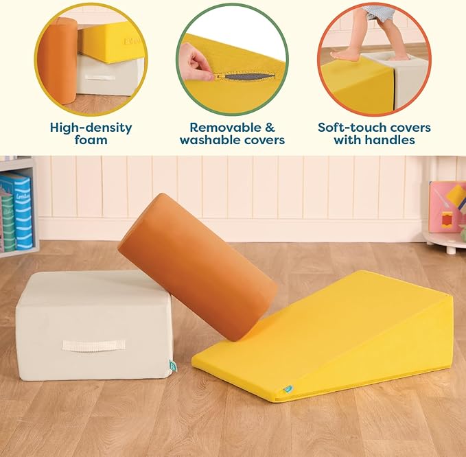 B. toys - Sensory Foam Building Blocks for Toddlers & Babies - 3-Piece Climbing Set with Cylinder, Ramp & Block - Machine Washable Covers with Easy-Grip Handles - Indoor Play Shapes for 12+ Months