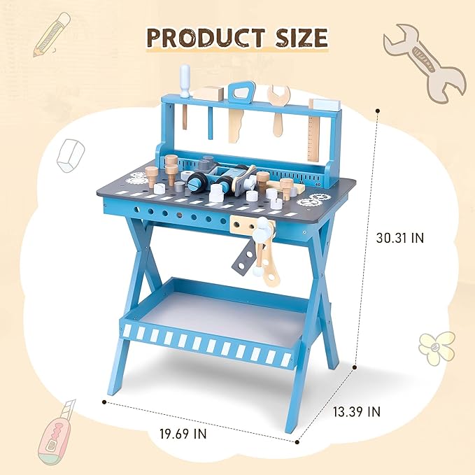 Kids Tool Bench with Sturdy Wood, Toddler Workbench with Realistic Toy Construction Set, Toy Tools Set and Multiple Ceative Pieces for 3-6 Year Old Boys and Girls, Dark Blue
