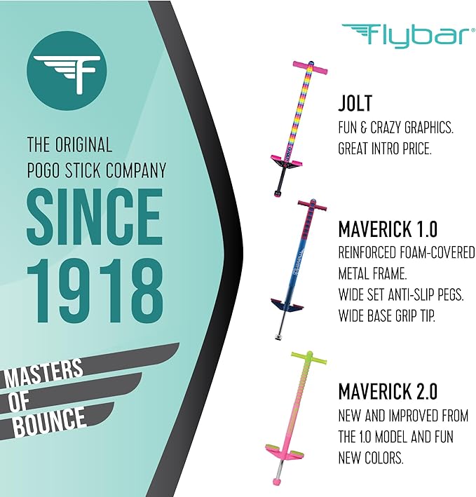Flybar Maverick Pogo Stick for Kids Ages 5+, 40 to 80 Pounds, Perfect for Beginners, Easy Grip Handles, Anti-Slip Pegs, Outdoor Toys for Boys and Girls
