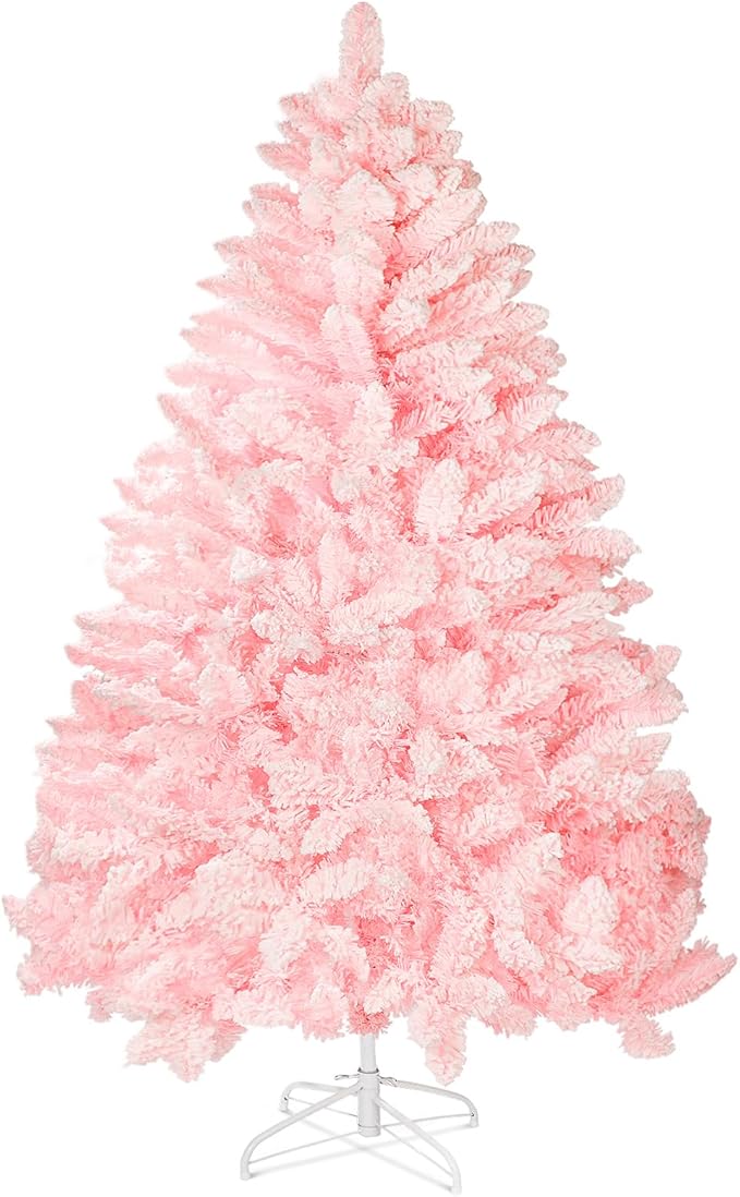 SUNCROWN 6ft Artificial Flocked Christmas Tree Premium Frosted Snow Christmas Tree Hinged Xmas Tree Holiday Decor for Indoor Outdoor, Foldable Metal Stand, 1000 Branch Tips, Pink
